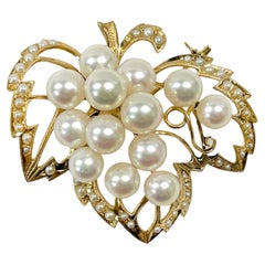 Yellow Gold Pearl Cluster Leaf Brooch