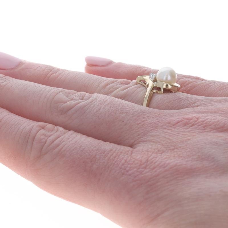 Women's Yellow Gold Pearl Diamond Bypass Ring 10k For Sale