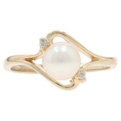 Yellow Gold Pearl Diamond Bypass Ring - 10k