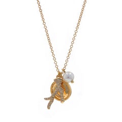 Yellow Gold Pearl Diamond Crescent Moon & Branch Necklace -14k .15ctw Adjustable