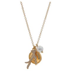 Yellow Gold Pearl Diamond Crescent Moon & Branch Necklace -14k .15ctw Adjustable