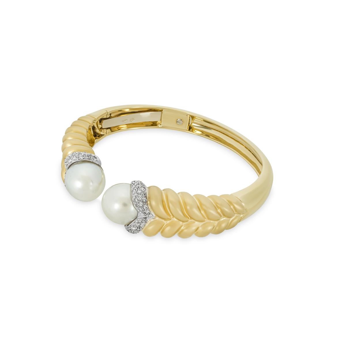 Yellow Gold Pearl & Diamond Cuff Bangle In Excellent Condition For Sale In London, GB