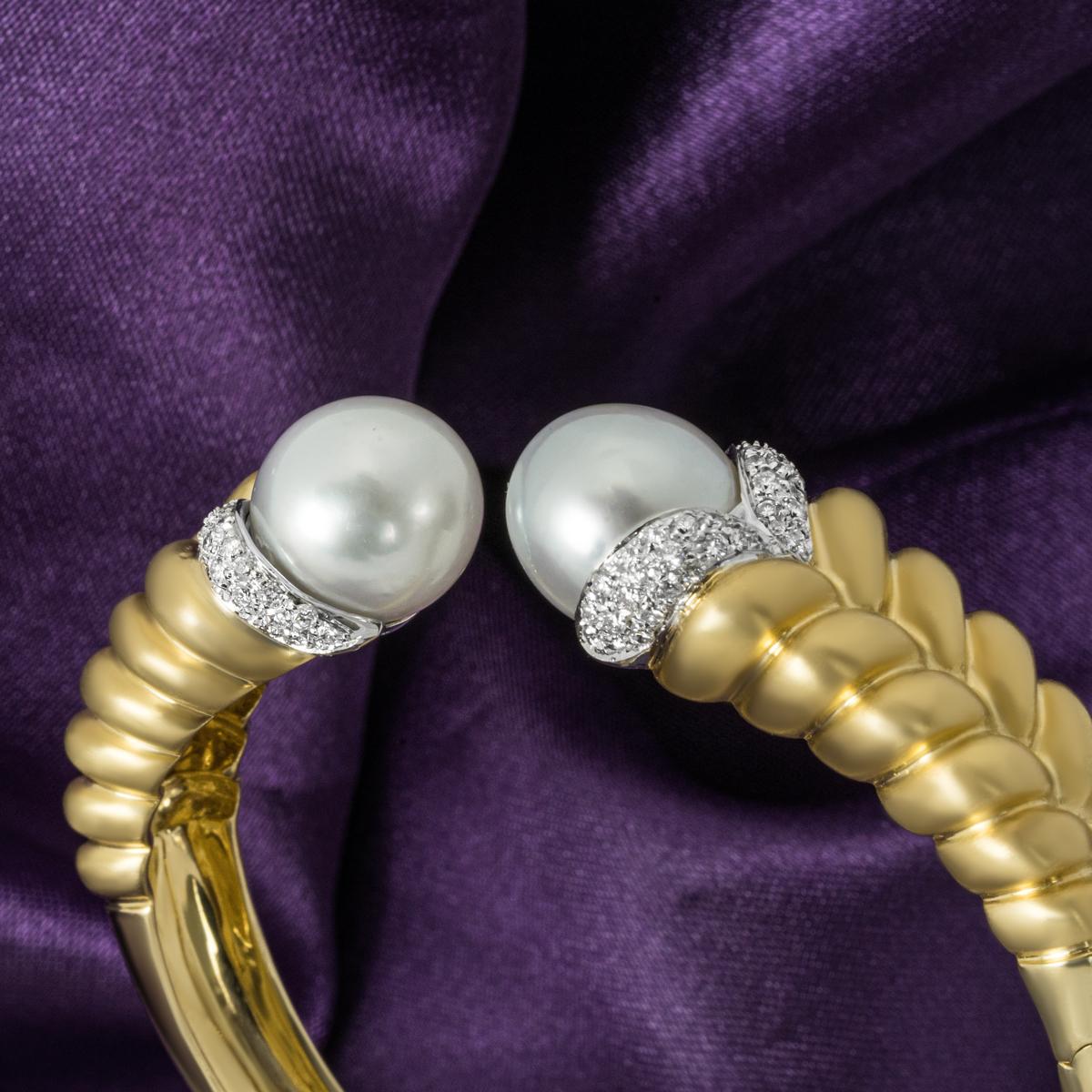 Yellow Gold Pearl & Diamond Cuff Bangle For Sale 1