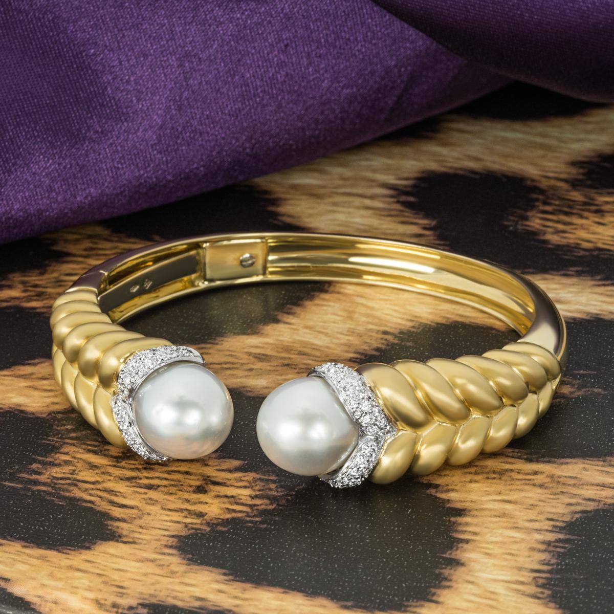 Yellow Gold Pearl & Diamond Cuff Bangle For Sale 2