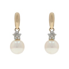 Yellow Gold Pearl Diamond Dangle Earrings - 10k Pierced