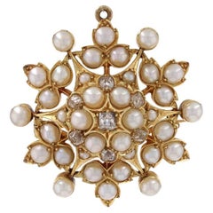 Yellow Gold Pearl & Diamond Edwardian Brooch/Pendant - 14k 1.15ctw Starburst Pin