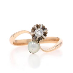 Yellow Gold Pearl Diamond Edwardian Bypass Ring - 10k .13ct Floral Antique