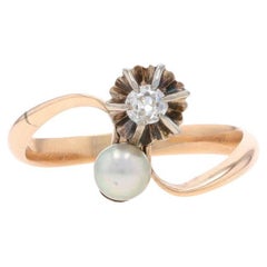 Yellow Gold Pearl Diamond Edwardian Bypass Ring - 10k .13ct Floral Antique