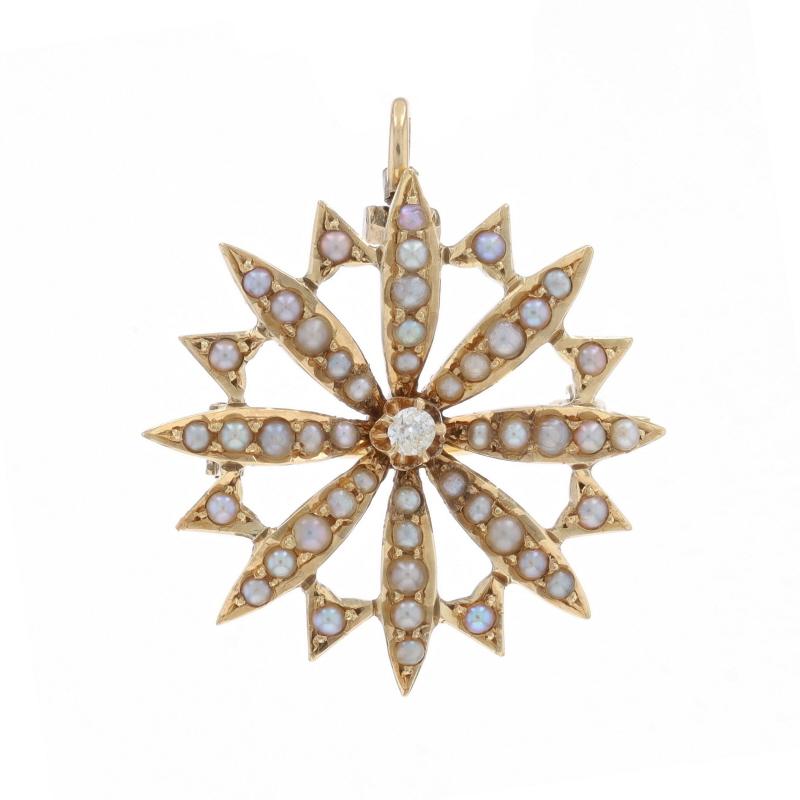 Era: Edwardian
Date: 1900s - 1910s

Metal Content: 14k Yellow Gold

Stone Information

Natural Pearls

Natural Diamond
Carat(s): .05ct
Cut: Mine
Color: H
Clarity: SI1

Style: Convertible Brooch/Pendant
Fastening Type: Hinged Pin and Locking