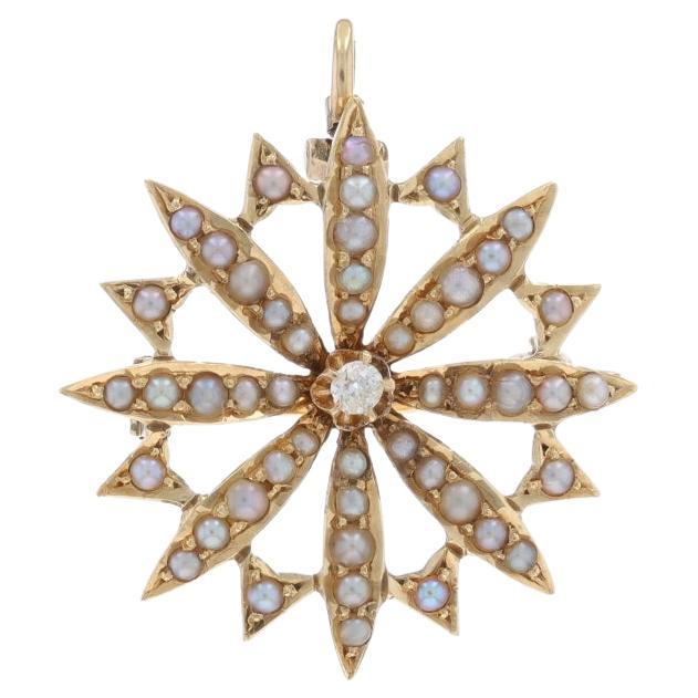 Yellow Gold Pearl Diamond Edwardian Floral Convert Brooch/Pendant 14k AntiquePin
