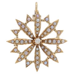 Yellow Gold Pearl Diamond Edwardian Floral Convert Brooch/Pendant 14k AntiquePin