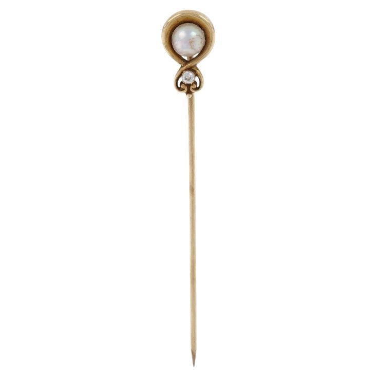 Yellow Gold Pearl & Diamond Edwardian Stickpin - 14k Antique For Sale