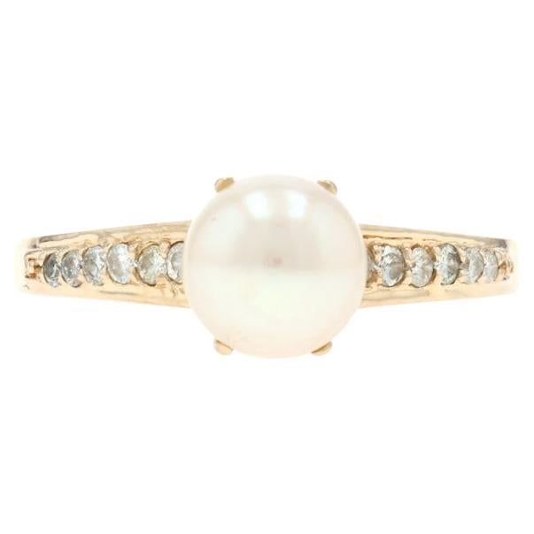 Yellow Gold Pearl Diamond Ring - 14k .12ctw