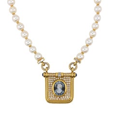 Yellow Gold Pearl, Diamond, Sapphire, and Agate Cameo Pendant Necklace