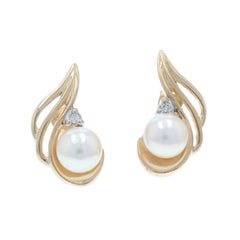 Yellow Gold Pearl Diamond Stud Earrings - 10k Swirl Pierced