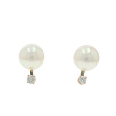 Yellow Gold Pearl Diamond Stud Earrings - 14k Pierced