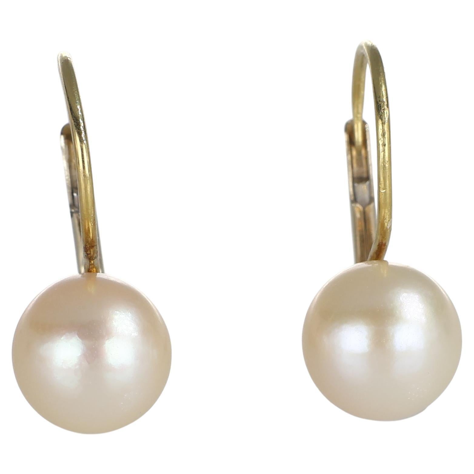 Yellow Gold Pearl Earrings For Sale