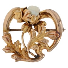 Broche Fleur Edouardienne en Or Jaune avec Perle - 10k Antique Pin