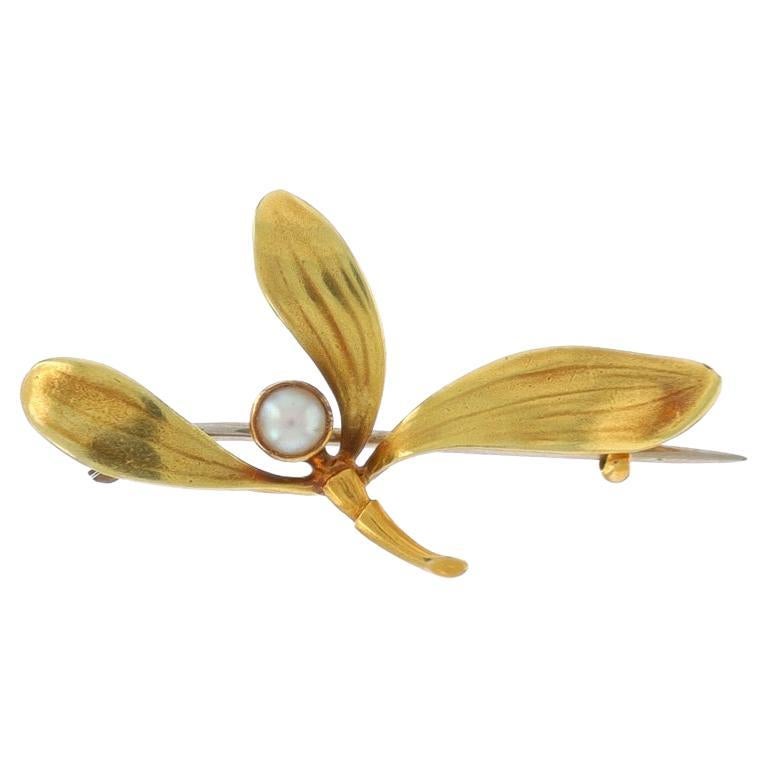 Edwardianische Blumenbrosche aus Gelbgold mit Perle - 14k Orchidee Antike botanische Anstecknadel