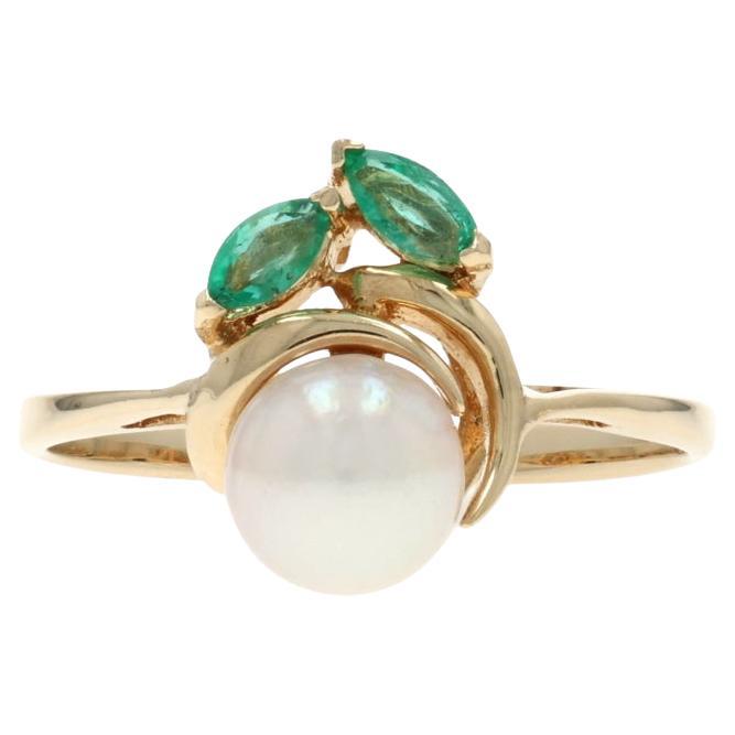 Yellow Gold Pearl Emerald Ring - 14k .20ctw Leaves For Sale