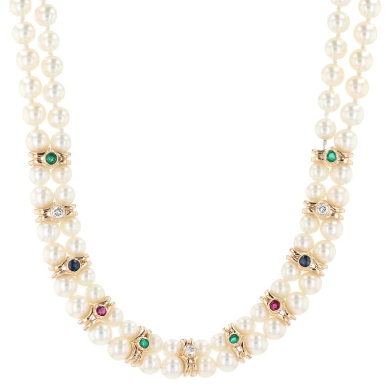 Round Cut Yellow Gold Pearl Emerald Sapphire Ruby Diamond Necklace, 14k 1.19ctw