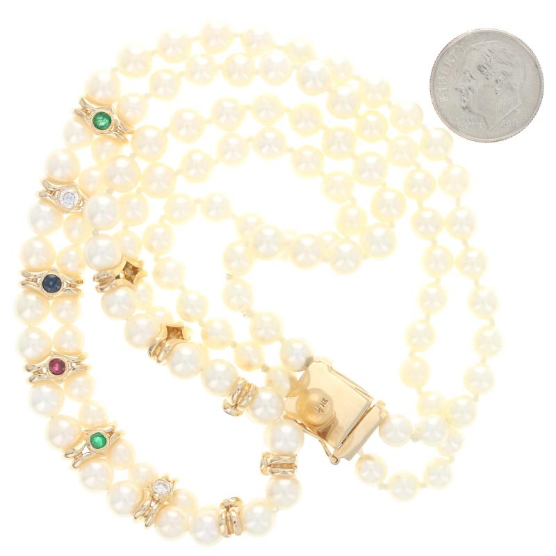 Yellow Gold Pearl Emerald Sapphire Ruby Diamond Necklace, 14k 1.19ctw In Excellent Condition In Greensboro, NC