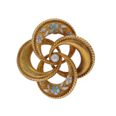 Yellow Gold Pearl & Enamel Art Nouveau Floral Knot Brooch - 14k Antique Pin