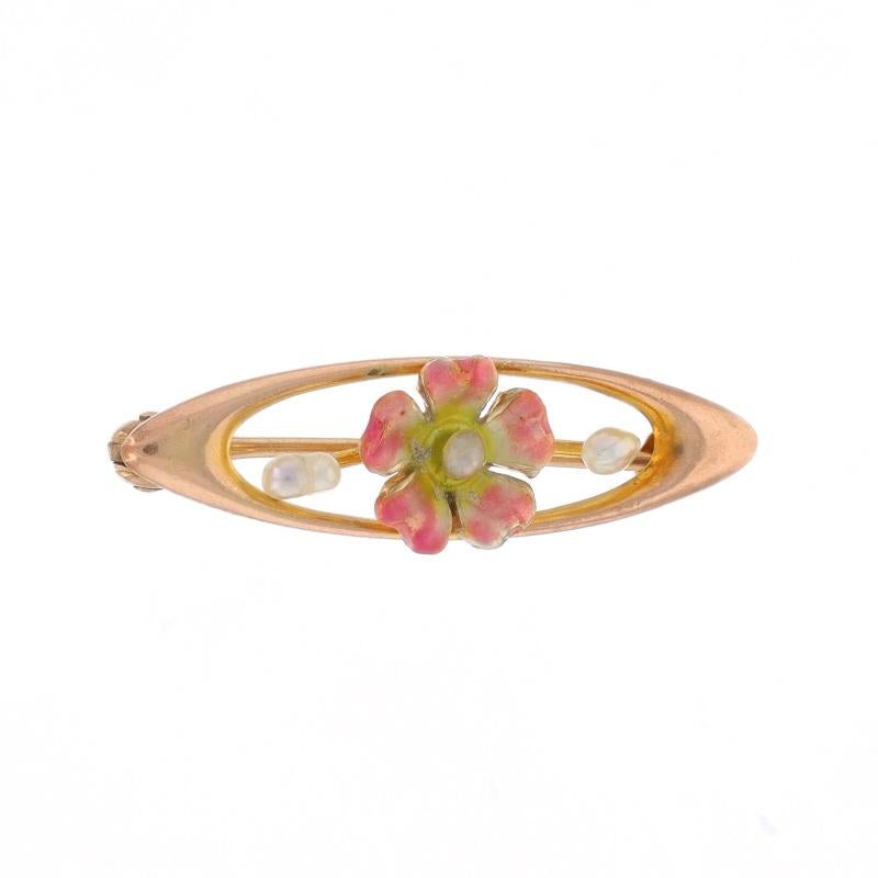 Era: Edwardian
Date: 1900s - 1910s

Metal Content: 18k Yellow Gold

Stone Information
Natural Pearls

Material Information
Enamel
Color: Pink & Yellow

Style: Brooch
Fastening Type: Hinged Pin and C-Clasp
Theme: Flower, Blossom
Features: Open Cut