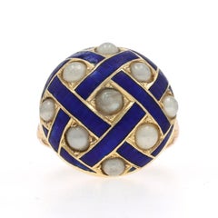 Yellow Gold Pearl & Enamel Victorian Cluster Cocktail Ring 18k Lattice Button