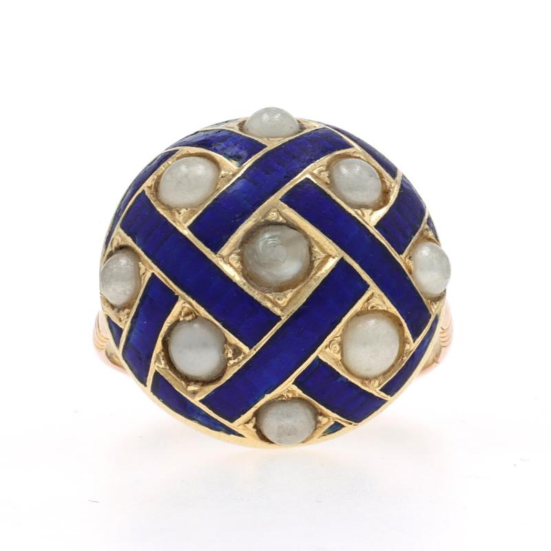 Yellow Gold Pearl 
Enamel Victorian Cluster Cocktail Ring 18k Lattice Button For Sale