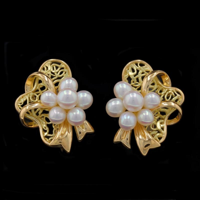 Bead Yellow Gold Pearl Floral Scroll Bow Lg Stud Earrings - 18k Adjust Screw Clip-Ons For Sale