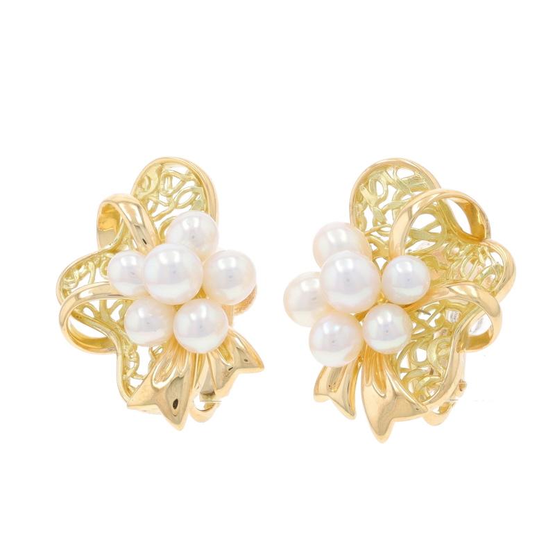 Yellow Gold Pearl Floral Scroll Bow Lg Stud Earrings - 18k Adjust Screw Clip-Ons In Excellent Condition For Sale In Greensboro, NC