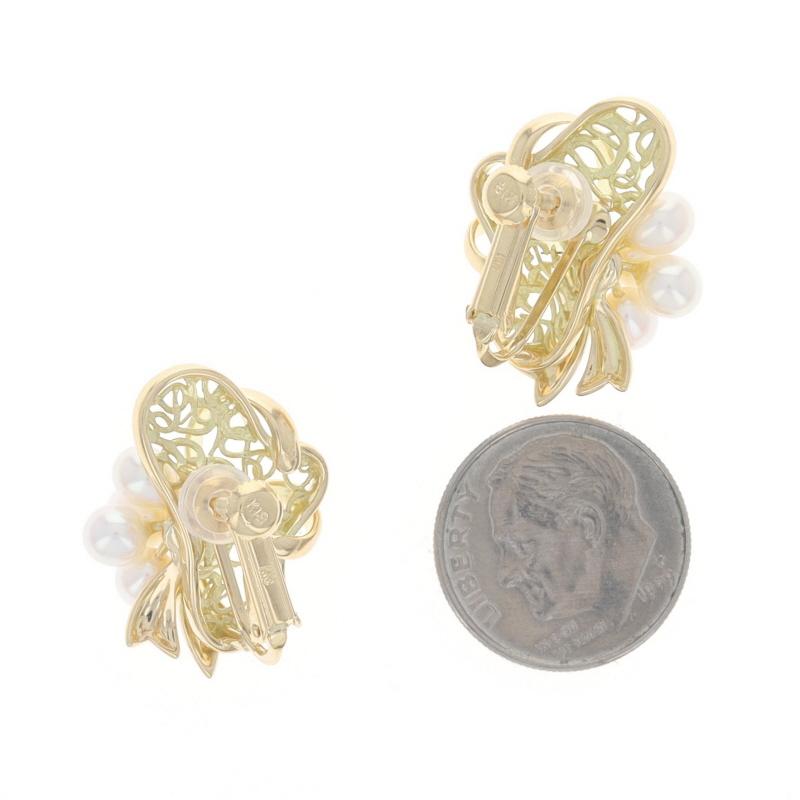 Yellow Gold Pearl Floral Scroll Bow Lg Stud Earrings - 18k Adjust Screw Clip-Ons For Sale 1