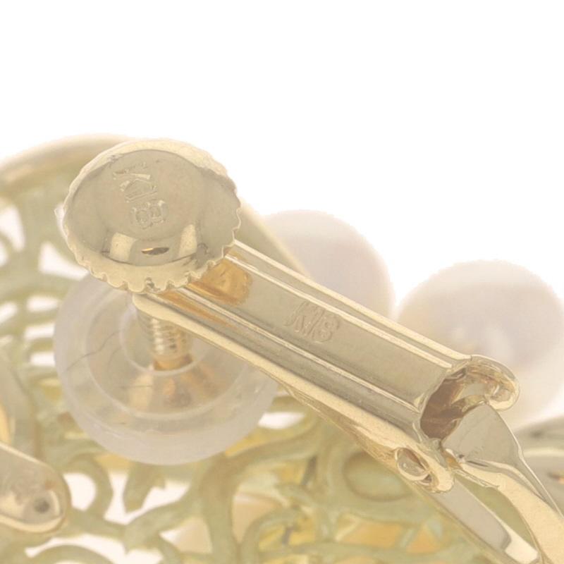 Yellow Gold Pearl Floral Scroll Bow Lg Stud Earrings - 18k Adjust Screw Clip-Ons For Sale 2