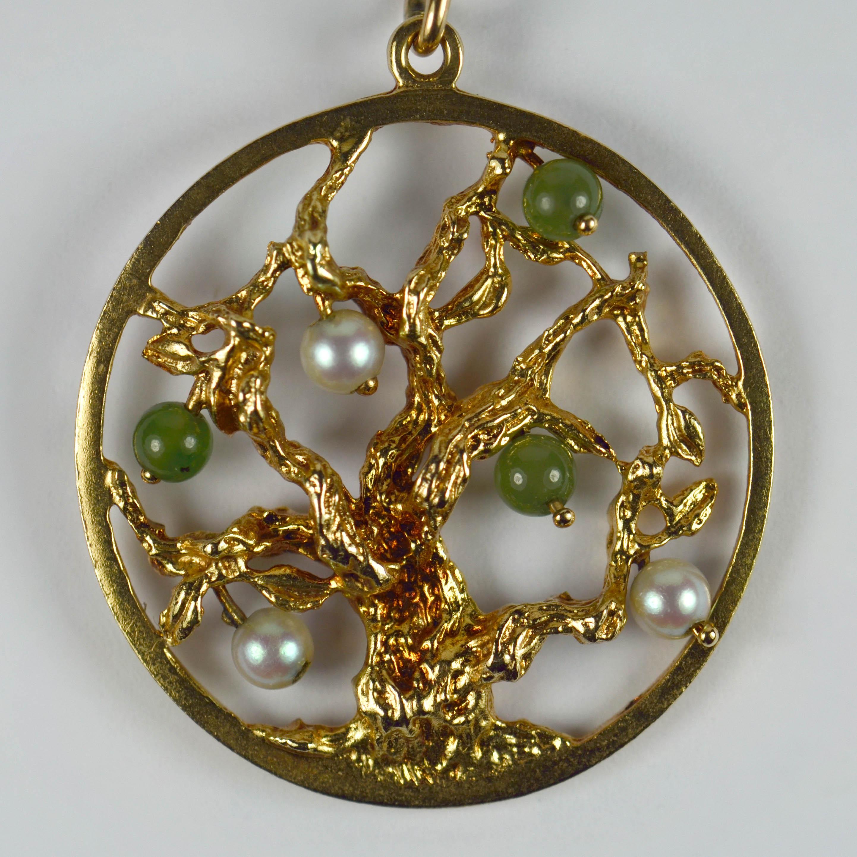 Yellow Gold Pearl Green Nephrite Jade Tree of Life Charm Bracelet Pendant For Sale 2