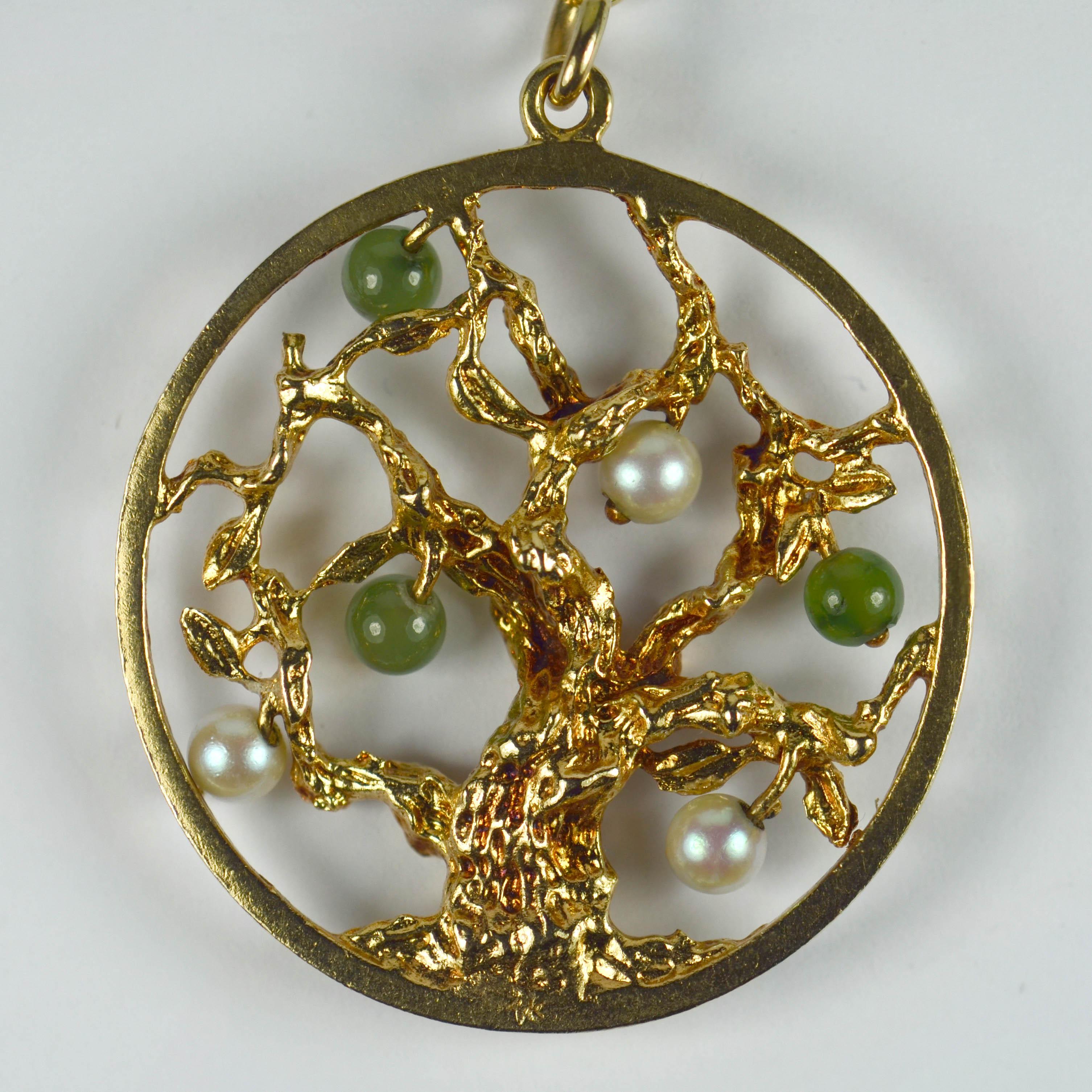 Yellow Gold Pearl Green Nephrite Jade Tree of Life Charm Bracelet Pendant For Sale 3