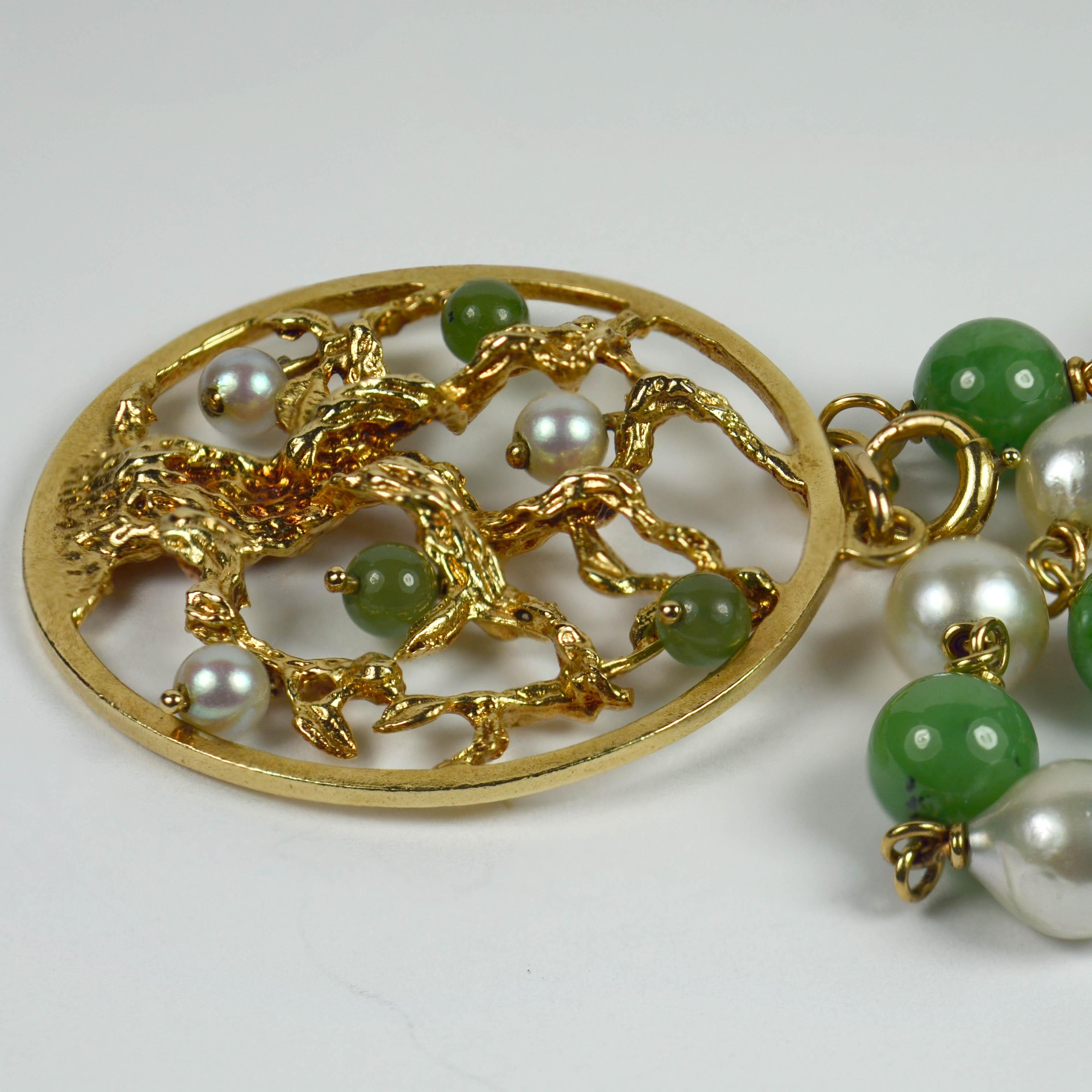 Bead Yellow Gold Pearl Green Nephrite Jade Tree of Life Charm Bracelet Pendant For Sale