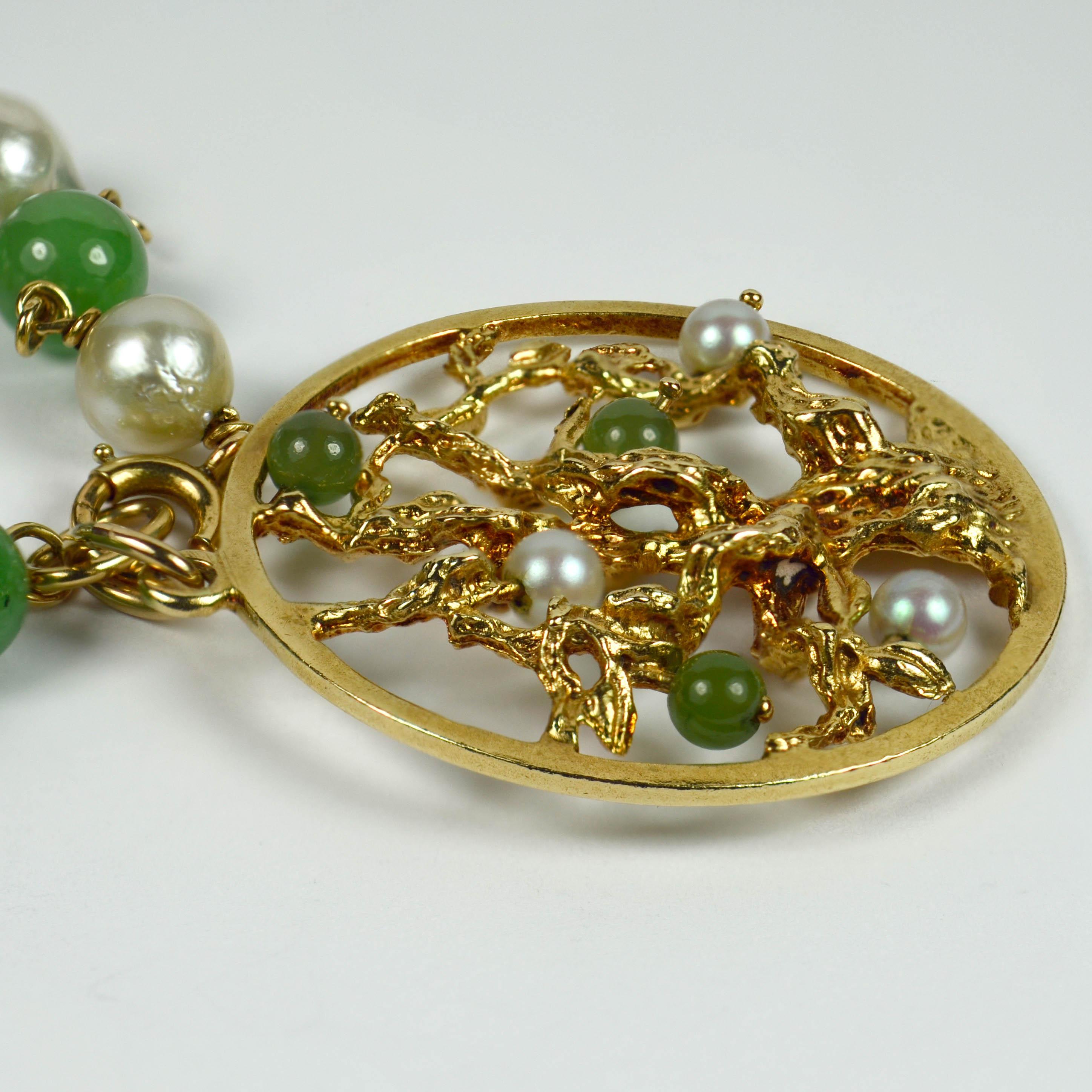 Women's Yellow Gold Pearl Green Nephrite Jade Tree of Life Charm Bracelet Pendant For Sale