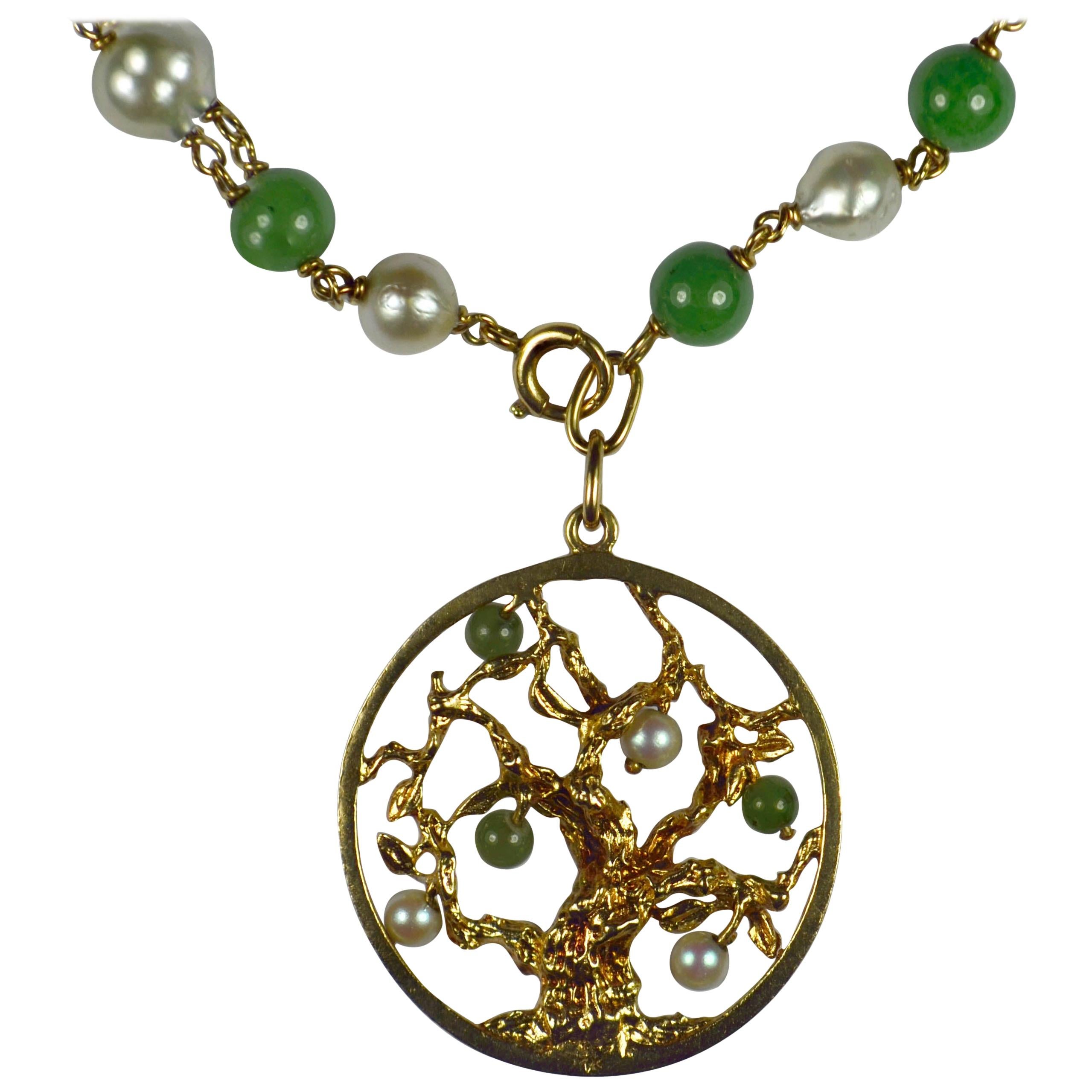 Yellow Gold Pearl Green Nephrite Jade Tree of Life Charm Bracelet Pendant For Sale