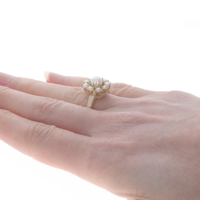 Gelbgold Perle Halo Ring - 10k & 18k Antiker geblümter antiker Ring Gr. 6 1/4 1