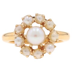 Gelbgold Perle Halo Ring - 10k & 18k Antiker geblümter antiker Ring Gr. 6 1/4