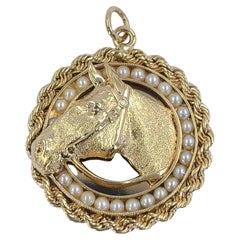 Yellow Gold & Pearl Horse Head Pendant Charm