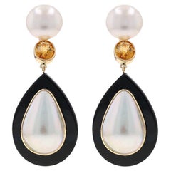 Yellow Gold Pearl, Onyx, & Citrine Large Dangle Earrings - 14k 3.50ctw Pierced