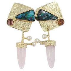 Yellow Gold, Pearl, Opal, and Rose Quartz Drop Earrings