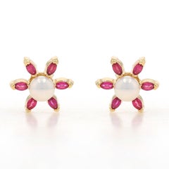 Yellow Gold Pearl Ruby Flower Earrings -14k .60ctw Studs w/Halo Jacket Enhancers