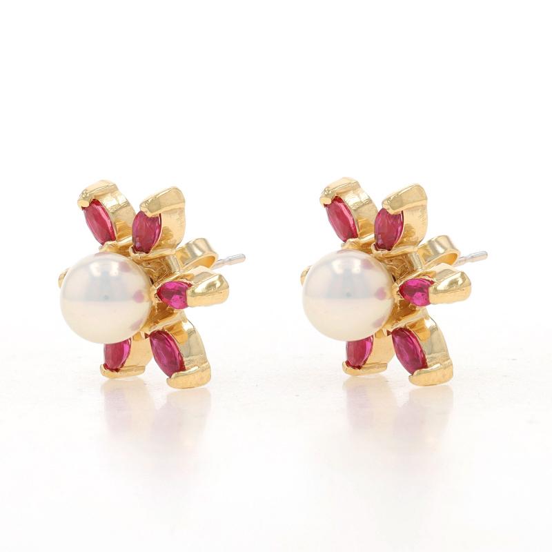 Bead Yellow Gold Pearl Ruby Flower Earrings -14k .60ctw Studs w/Halo Jacket Enhancers For Sale