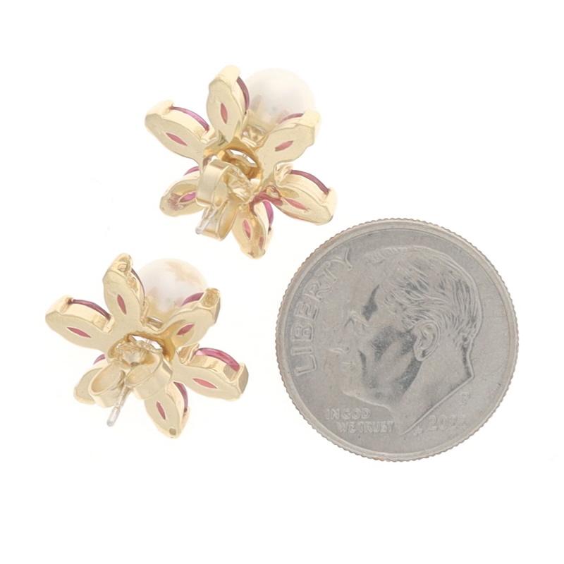 Yellow Gold Pearl Ruby Flower Earrings -14k .60ctw Studs w/Halo Jacket Enhancers For Sale 1