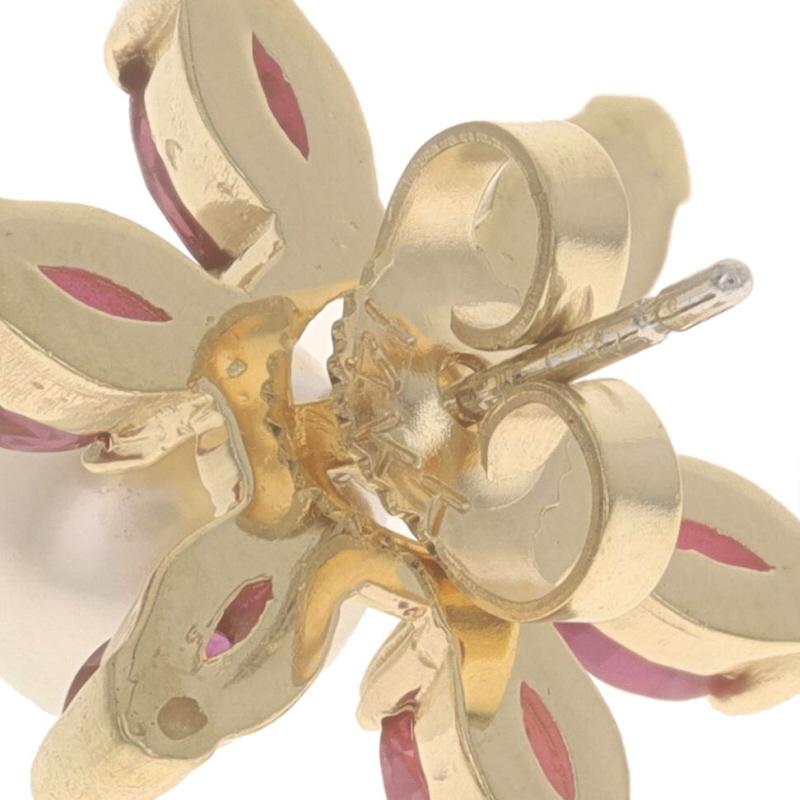 Yellow Gold Pearl Ruby Flower Earrings -14k .60ctw Studs w/Halo Jacket Enhancers For Sale 2