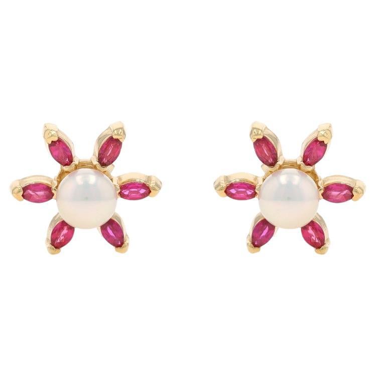 Yellow Gold Pearl Ruby Flower Earrings -14k .60ctw Studs w/Halo Jacket Enhancers For Sale