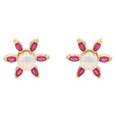 Yellow Gold Pearl Ruby Flower Earrings -14k .60ctw Studs w/Halo Jacket Enhancers
